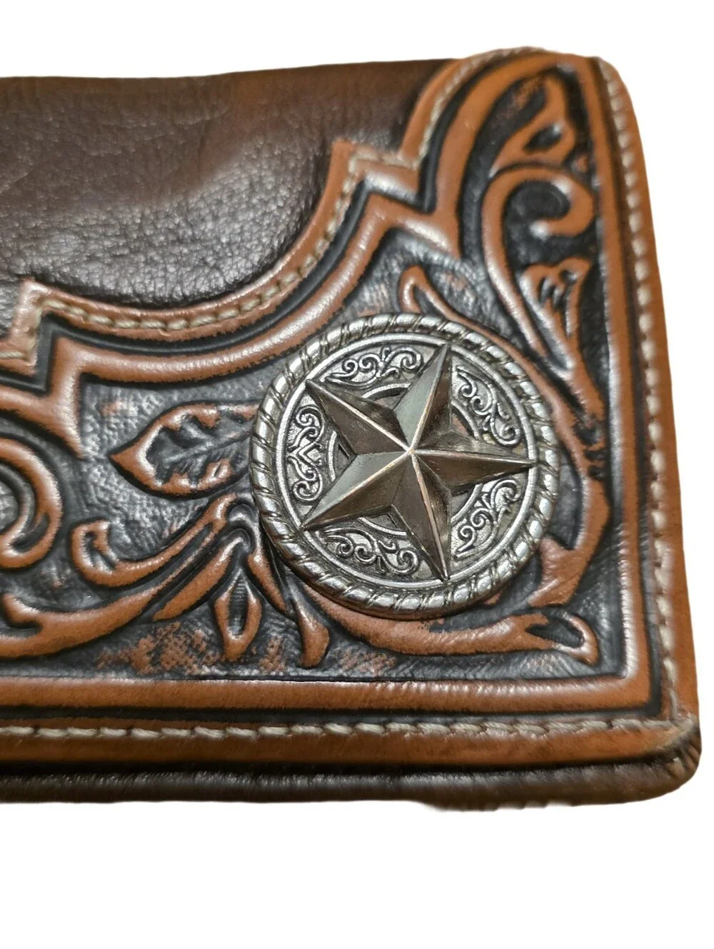 Vintage Western Tooled Leather Long Rodeo Wallet Star Concho